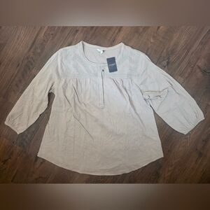 NWT Lucky Brand Beige Blouse with Embroidery And 3/4 Sleeve